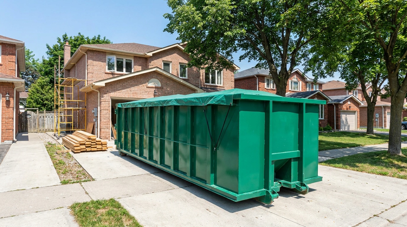 Roll-off dumpster on a residential driveway in Naperville